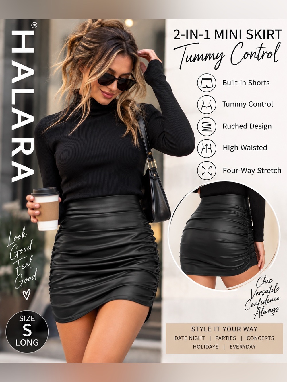 Halara Black Faux Leather Ruched Tummy Control Mini Skirt S Long NWOT